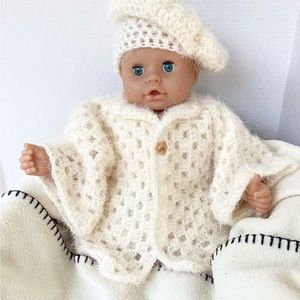 Sweater Hat Beret Hand Crafted Set Baby Toddler Kimono Cream Crochet